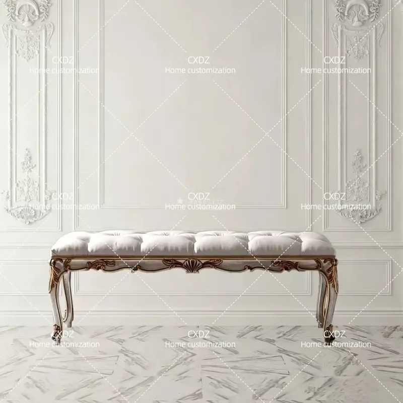 French Retro Solid Wood Carved Flower Bedside Stool White Gold Buckle Bench European Style Villa Fabric Upholstered Resting
