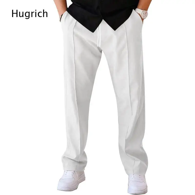 White Vertical Seam Drawstring Elastic Waist Wide Straight Leg Pants Men Minimalist Loose Business Daily Casual Suit Trousers