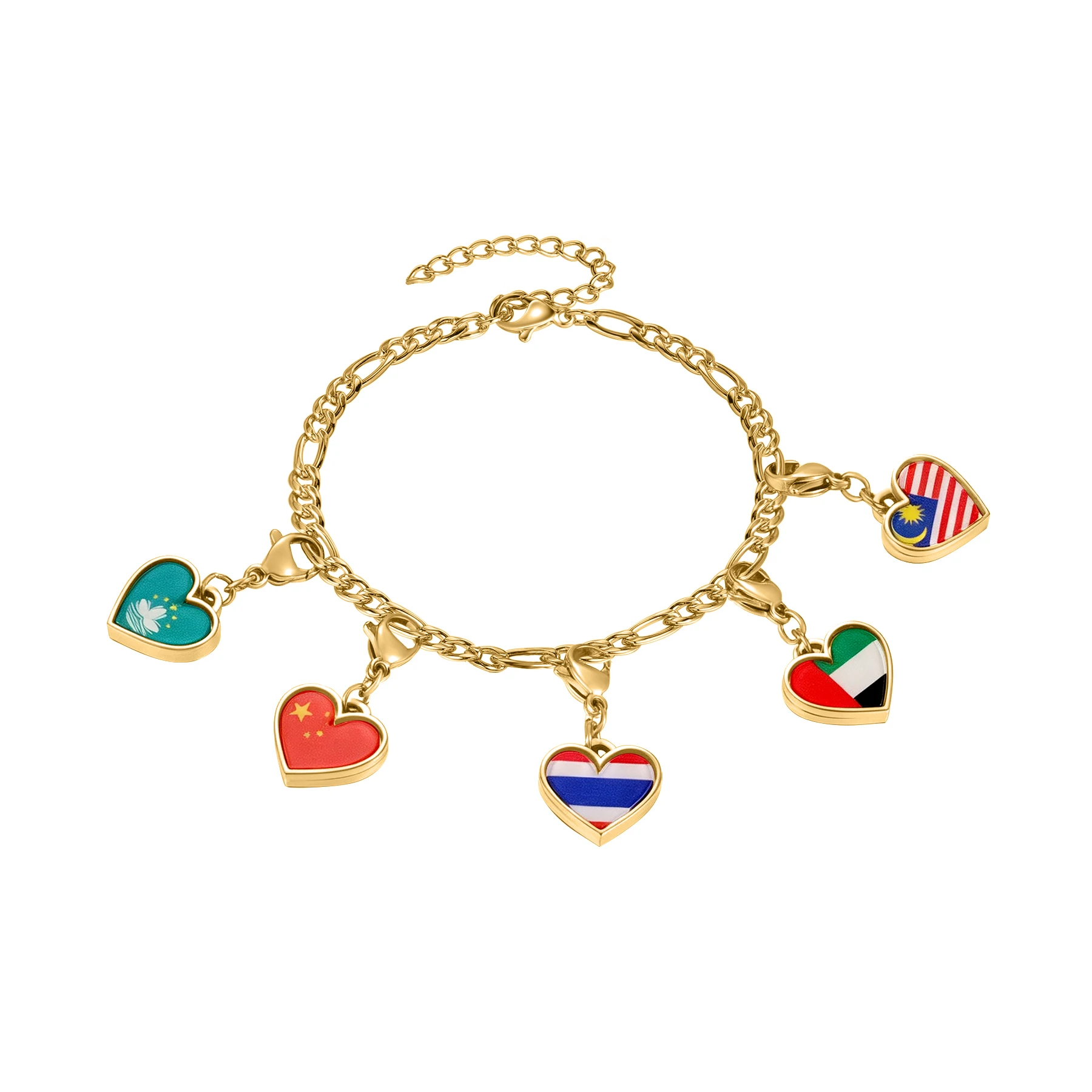 Custom Travel Flag Bracelet Personalized Heart Charms Multiple Countries Stainless Steel Souvenir Jewelry Gift For Women Girls