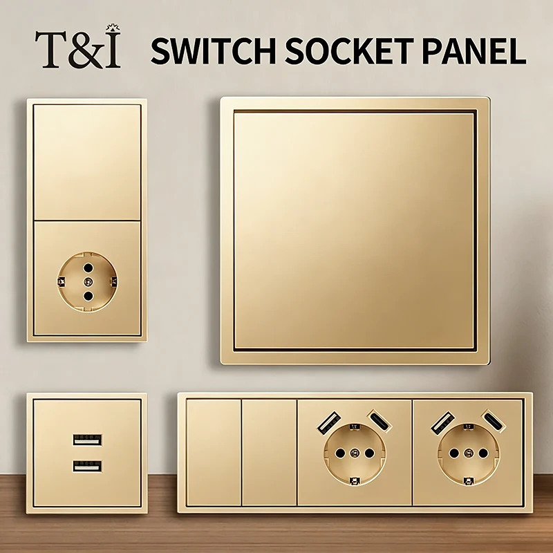 tomada-eletrica-embutida-padrao-europeu-16a-250v-com-carregamento-usb-tipo-c-interruptor-de-1-2-gangue-painel-dourado-80x80mm-para-padrao-europeu