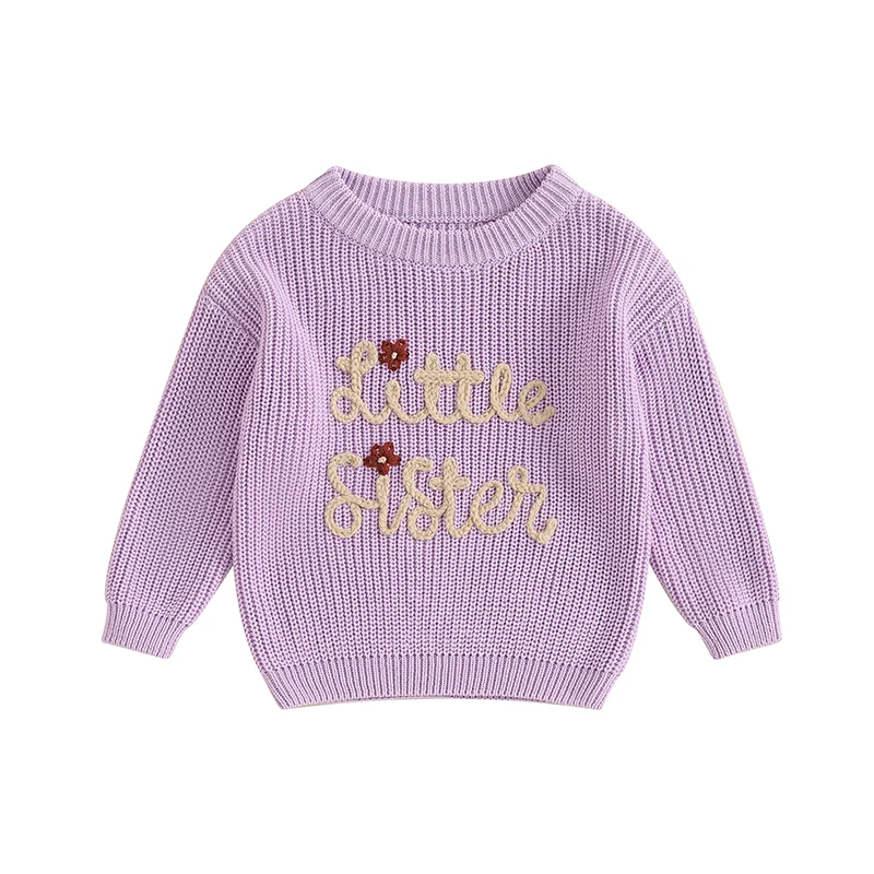 

Sister Matching Sweaters Baby Girl Letter Floral Embroidery Long Sleeve Crew Neck Knit Sweater Fall Clothes