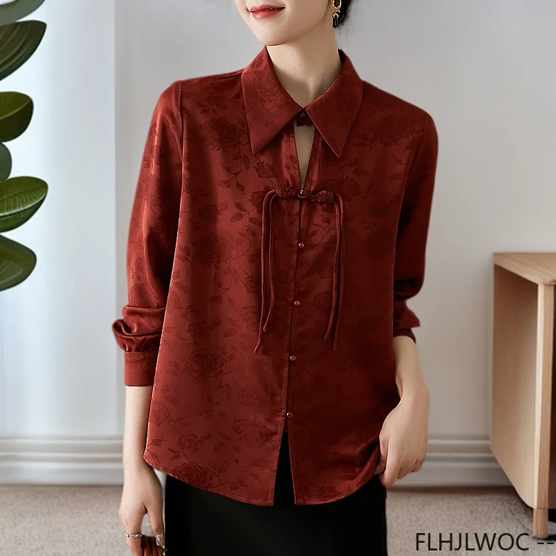 Hot Chinese Style Cheongsam Chi-pao Collar Red Tops 2025 Spring Women Date Girls Elegant Retro Basic Shirt Blouse Vintage