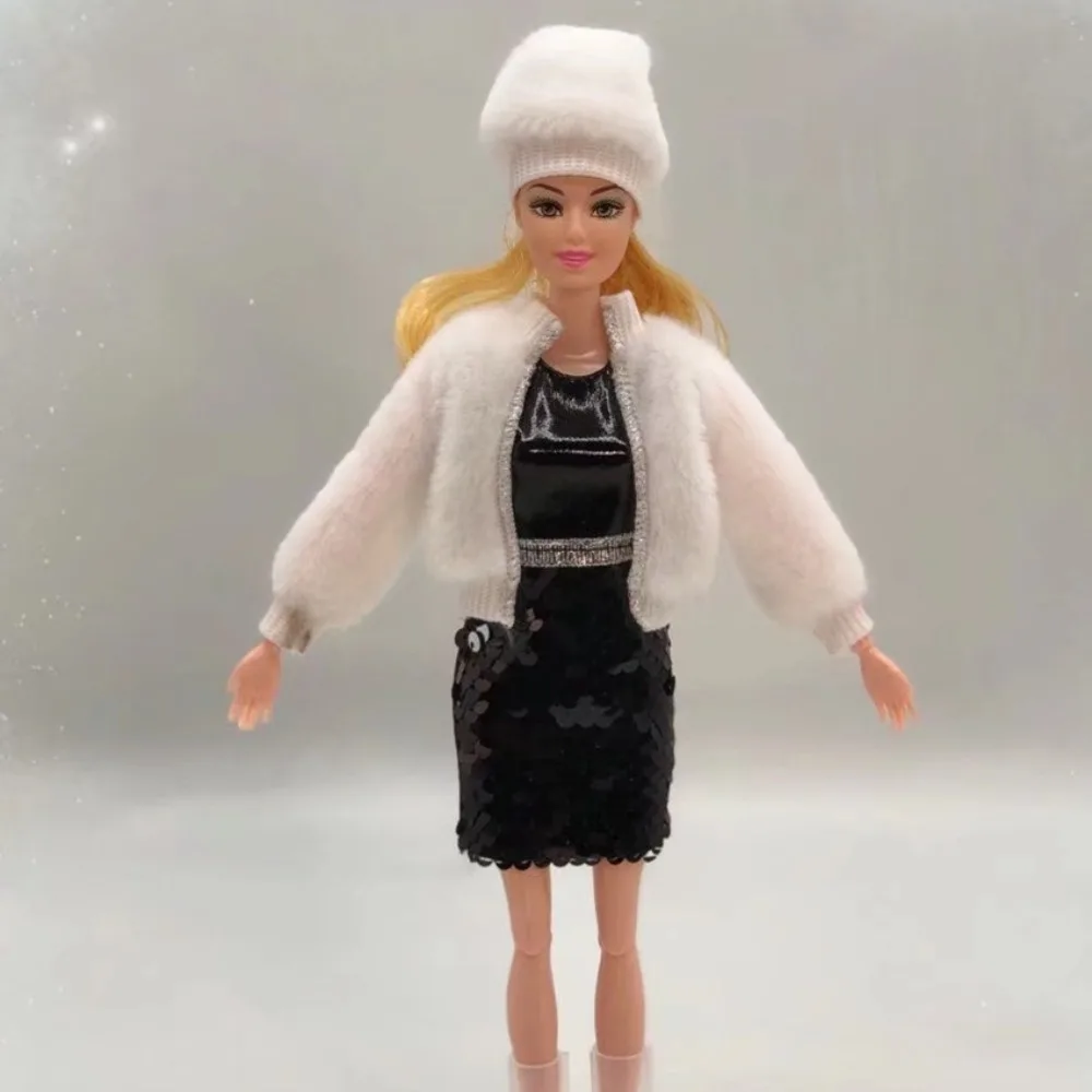 

1 Set Fashion Casual 1/6 Clothes Hats Handmade DIY Girl Gift Winter Wear Fur Jacket Girl Wearing Dresses Set for 29~32 cm
