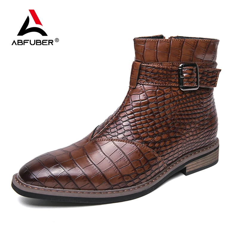 Luxury Dress Leather Men Boots Crocodile Pattern Pointed Toes Casual Leather Boots Men Fashion High Top Boots Party Mes Shoes