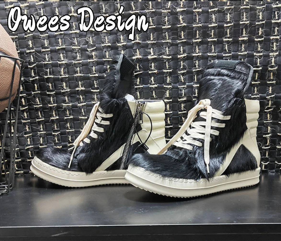 Owees Design Zipper Ankle Boots Men's Horsehair High-tops Sneakers Women Thick Soled Quality Leather Lace-up Fashion Shoes image 2