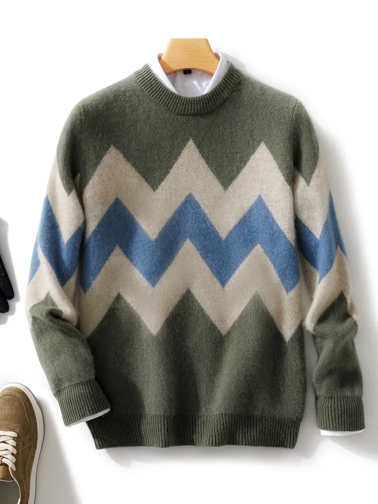 Autumn Winter Men O-neck Wool Pullover Smart Casual Sweater Vintage Long Sleeve Cashmere 100% Merino Wool Knitwear Clothing Tops