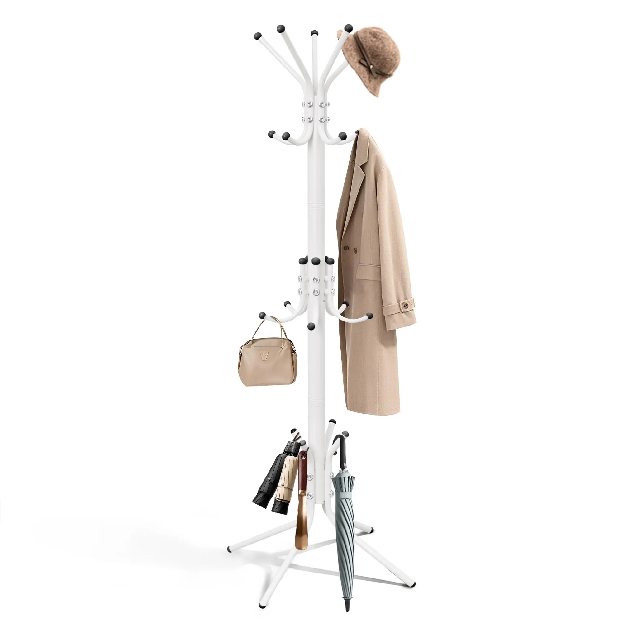 

White Freestanding Metal Coat Rack With 15 Hooks For Jackets Hats Bags Umbrellas In Entryway Bedroom Or Office