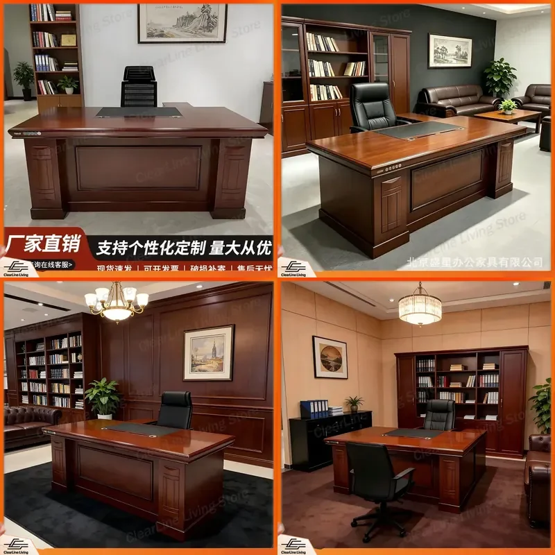 for Boss Desk Painted Chinese Manager President Office Furniture Solid Wood Leather Executive Desk and Chair Set