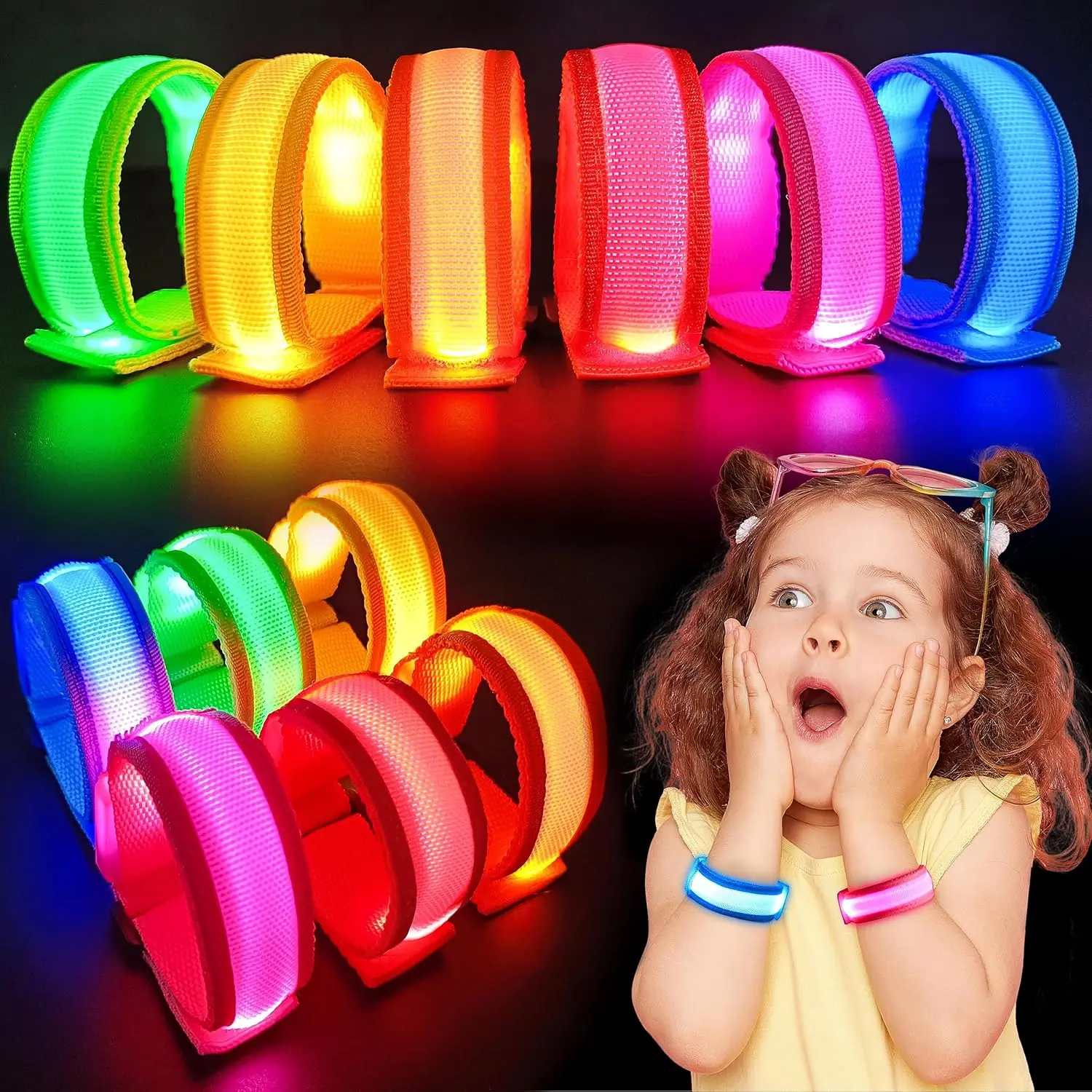 6pcs LED Light Up Bracelets LED Glow Flashing Arm Wrist Bands Glow in The Dark Party Supplies for Kids Adults Concerts Rave