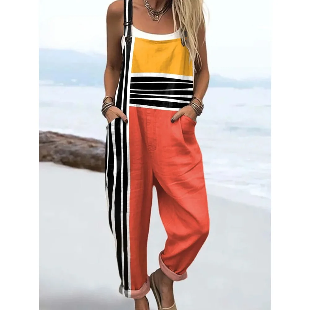 จั๊มสูทผู้หญิงลายทางและสีตัดกัน สายปรับได้ เหมาะสำหรับชายหาดและวันหยุดฤดูร้อน กางเกงขายาวลายทางน้ำหนักเบา สวมใส่สบายๆ