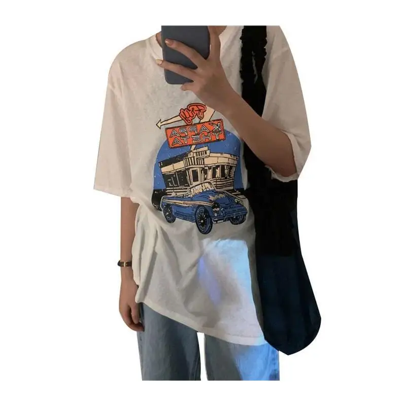 Sommer Cartoon Print Midlength ort Sve T-shirt frauen Casual runde Ne Top Polyester Faser Frühling Kollektion