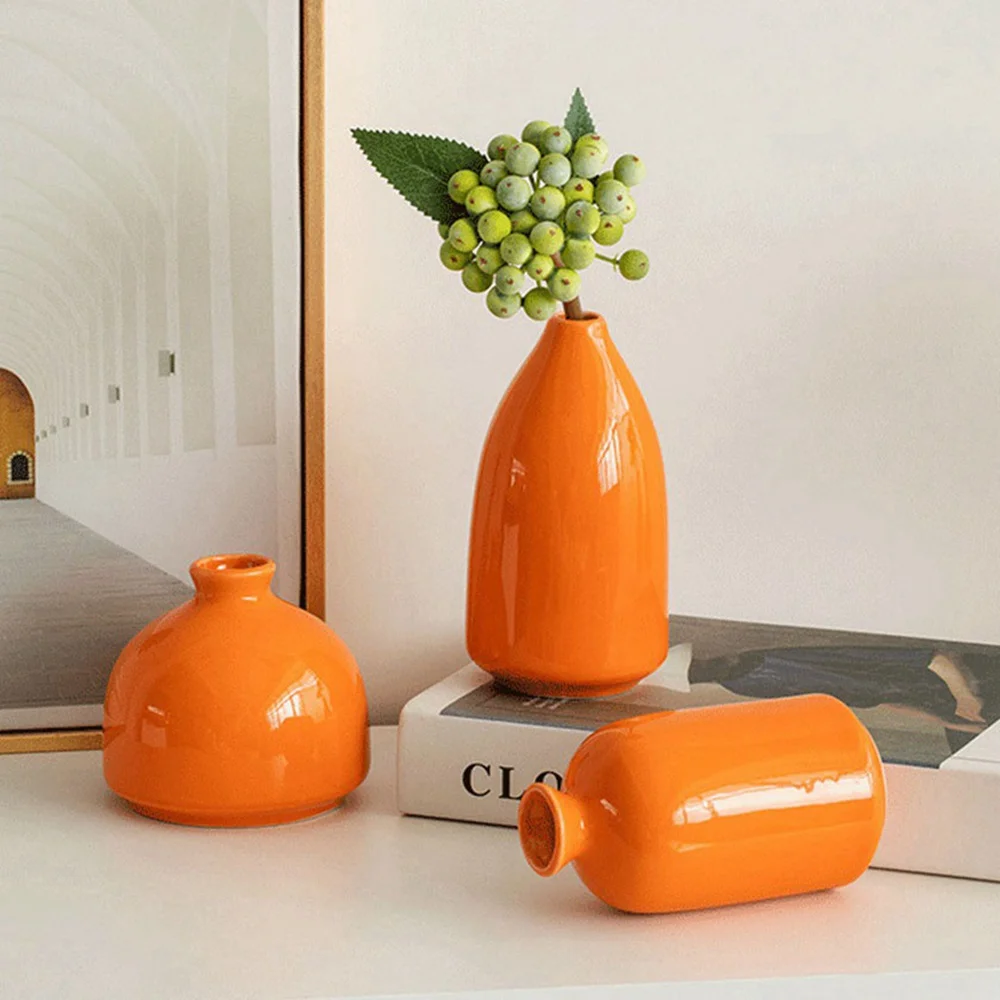 Orange ceramic decoration dry flower vase simulation flower set living room tabletop bedroom flower arrangement decoration vase