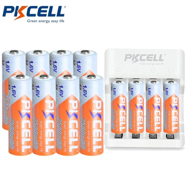 

PKCELL 12 шт. AA NiZN 1,6 В аккумуляторные батареи 2500 МВтч 1,6 В перезаряжаемые беспроводные наушники для наушников с зарядным устройством AA/AAA NIZN
