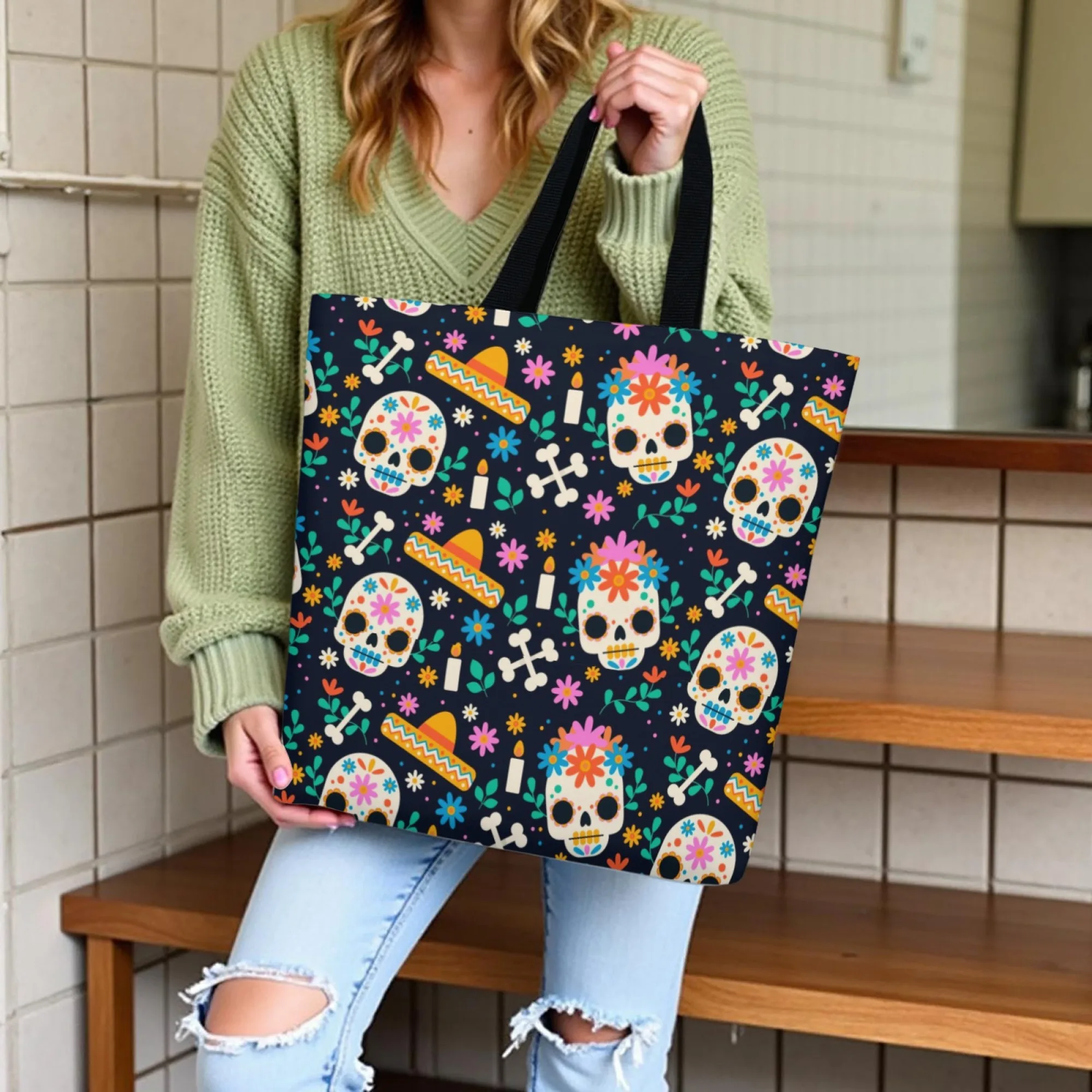 

Day of The Dead Folk Element Print Canvas Tote Bag Mexican Sugar Skull Pattern Reusable Shoulder Bag Gift for Cultural Festival