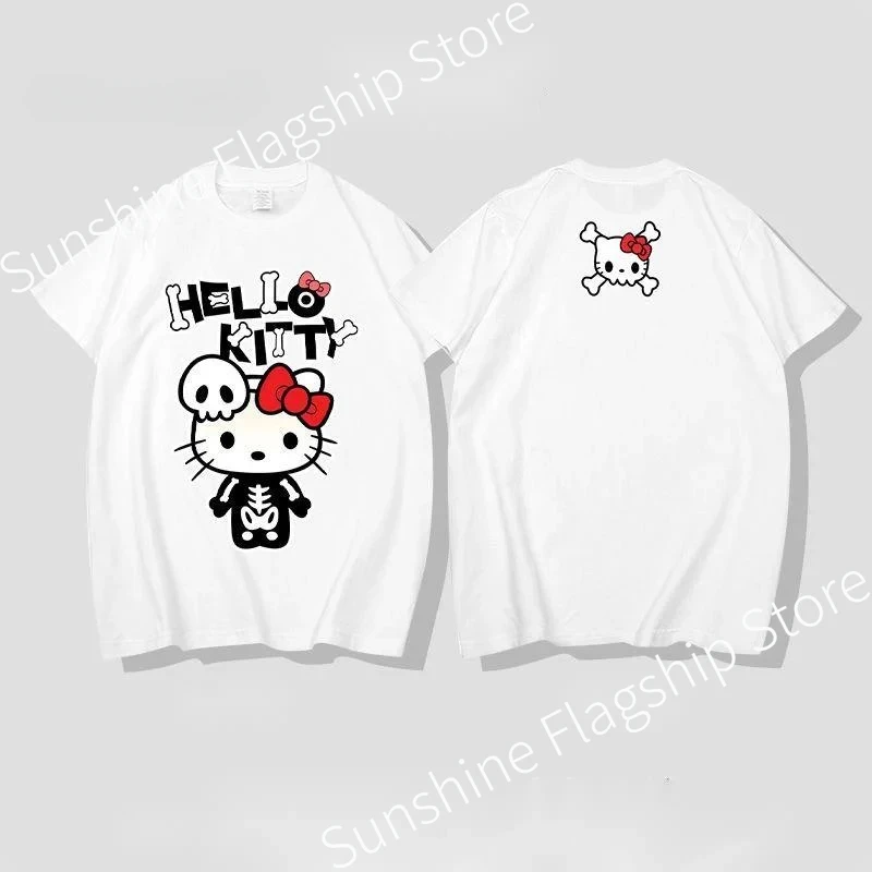 Sanrio Gothic Hello Kitty Halloween Clothes Women\'s Skeleton Black Tops Bone Printed Short Sleeve Y2k Streetwear Couples T-shirt