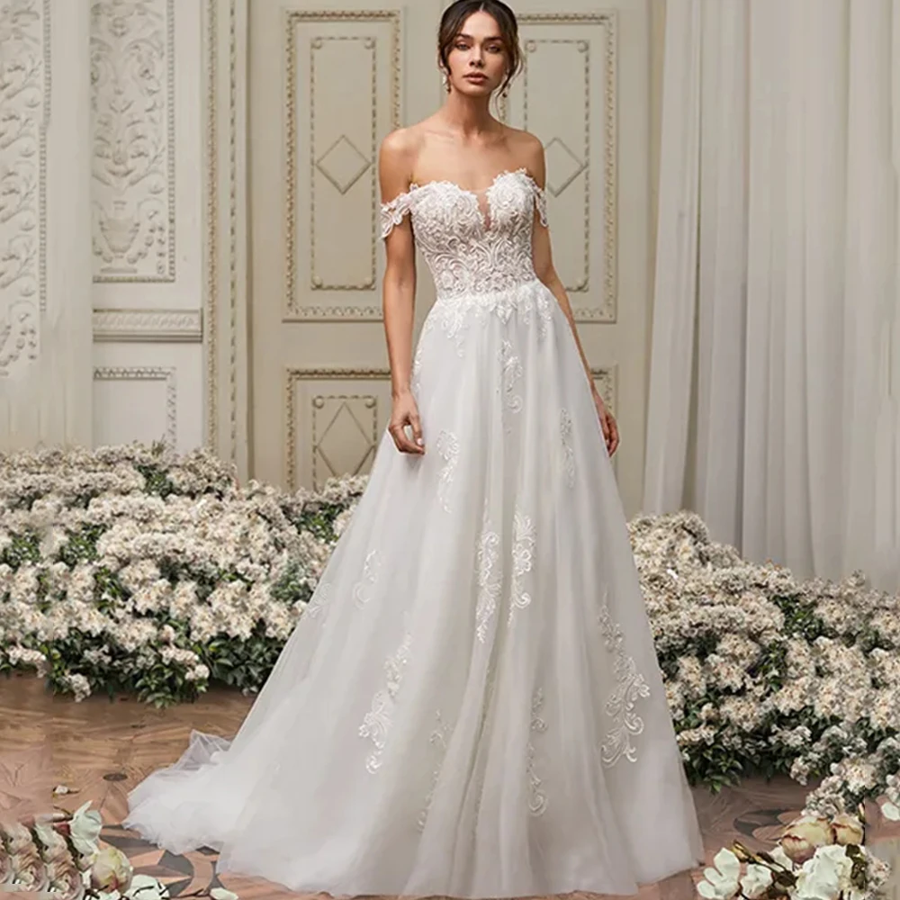 

Classic A-Line Floor Length Wedding Dress Off the Shoulder Short Sleeve Applique Sexy Open Back Bridal Gowns for Church Marriage