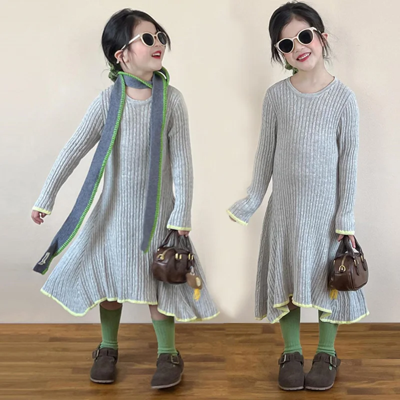 Girls Autumn Winter Dress Princess Knitted Gown Children Fashion Long-sleeve Vestidos New Kids Casual Sweaters 2-8 Years Old