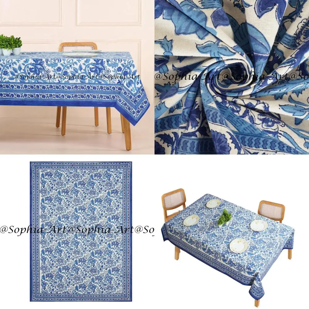 

Скатерть из хлопка с блочной печатью, 6 мест, 60x90 см – для улицы, патио, праздников, моющаяся, для кухни (цветочный узор)