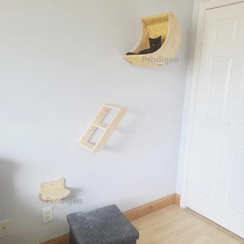 Cat Shelf Wall Hammock Climbing Shelves Moon Shaped And Perches Ladder Solid Wood Steps For Activity Indoor Cats Wall Furniture 5