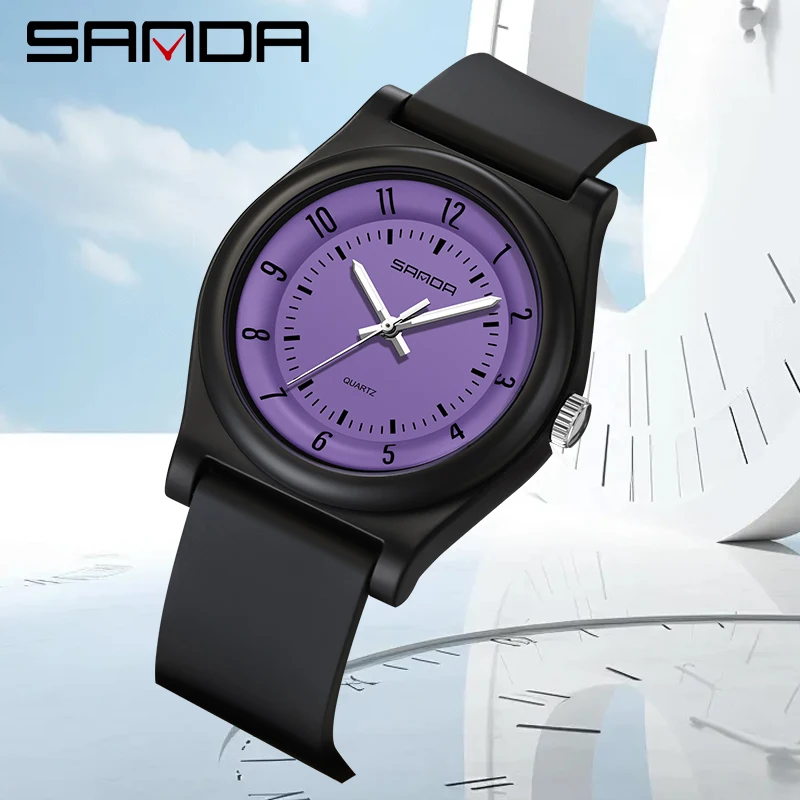 SANDA 6219 Fashion Brand Quartz Student Simple Black Purple Pink Analog Display Silicone Strap Wristwatch For Boy Girl WrisWatch