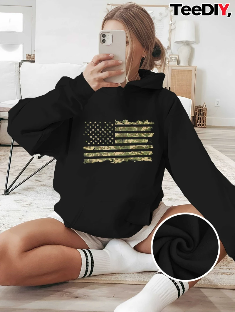 

2025 Autumn and Winter Camouflage American Flag Patriotic Art Women's Hoodies _ High-quality & Affordable