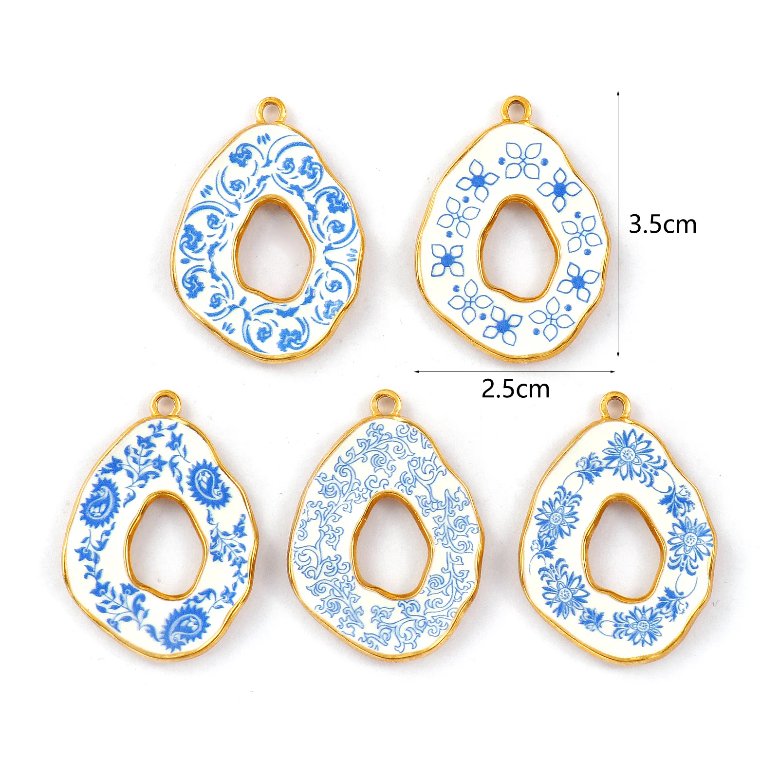 2 Stück unregelmäßige Anhänger aus 304 Edelstahl mit blauer Blumenverzierung, blau-weißem Porzellan-Druck, geometrisch, DIY-Zubehör für Frauen, 3,5x2,5 cm – Detail 2