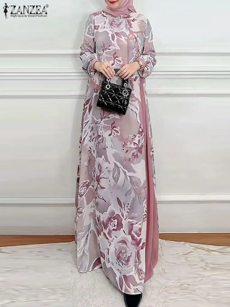 

ZANZEA Elegant Maxi Dresses Women Long Sleeve Floral Printed Muslim Abaya Dubai Robe Bohemain Stylish Patchowork Vestidos