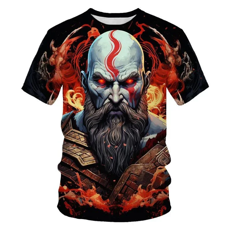 3D Printed Round Neck Men\'s T-shirt, God of War Game Character, Hip-hop Trend, Harajuku Street Clothes, Short Sleeve, Fashion