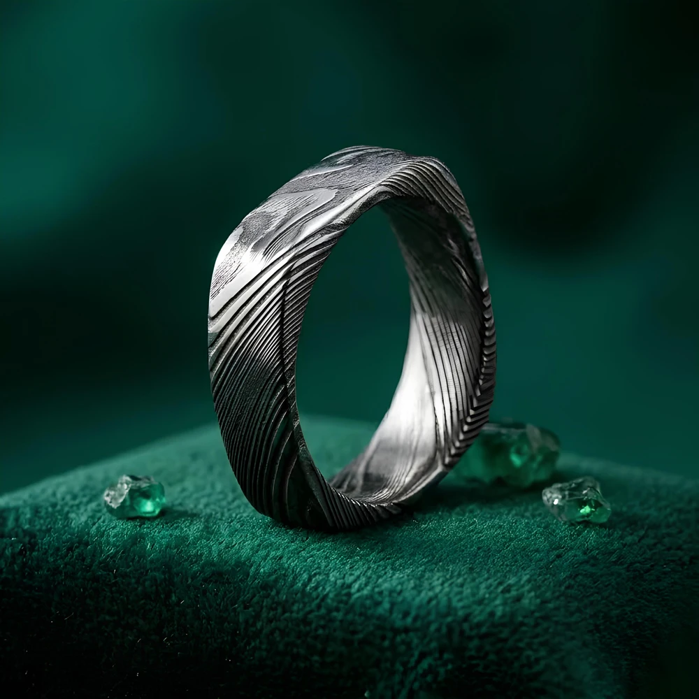Luxury Design 6mm Square Shape Wedding Ring Unique Men's Damascus Steel Finger Ring Jewelry Best Friend Gift