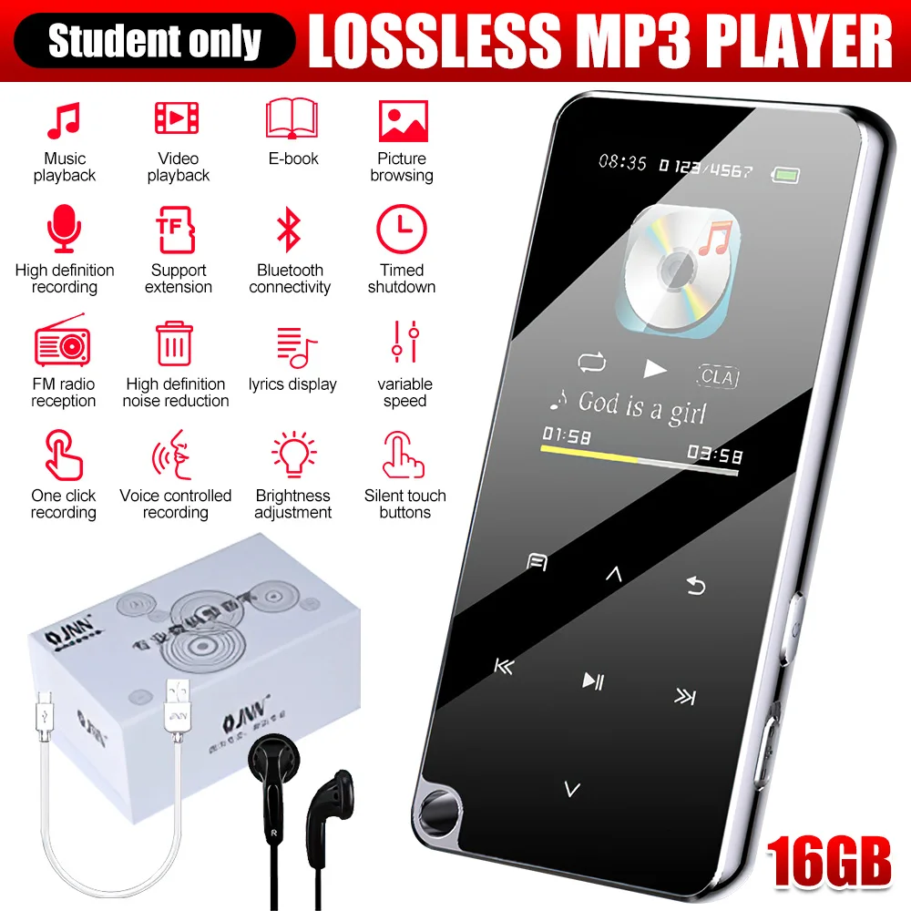 16GB Bluetooth MP4 MP3 Lossless Music Player Video Playback Portable Audio Walkman HiFi Stereo Speaker FM Radio Recorder E-Book