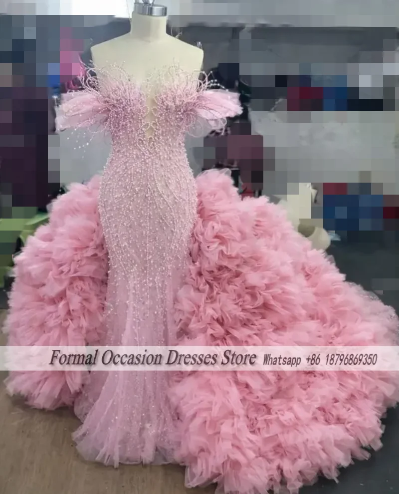Luxury Pink Prom Dresses 2026 Luxury Pearls Mermaid Eening Dress For Women Customized Wedding Bridal Gowns