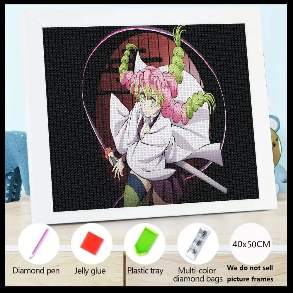 

1 шт. набор для алмазной живописи персонажей аниме 5D DIY с розово-зелеными плетеными волосами, белым халатом и мечом, 40x50 см, в комплект входит алмазная ручка,
