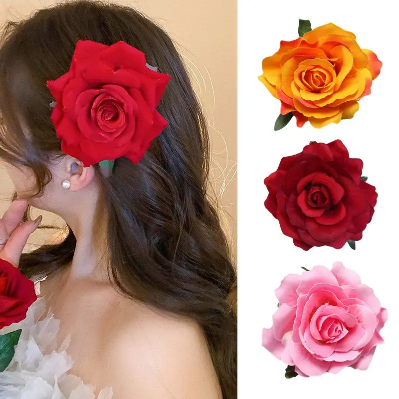 

Rose Flower Hair Clips For Women Girls Artificial Floral Barrette Red Pink Handmade Hairpin Wedding Bridal Hair Accessoies