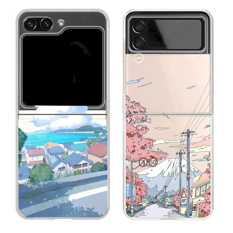 Anime-Landschafts-Hülle für Samsung Galaxy Z Flip 8 5 7 ZFlip 6 Transparente Klare Landschafts-Abdeckung für Samsung ZFlip 4 Z Flip 3 Fundas