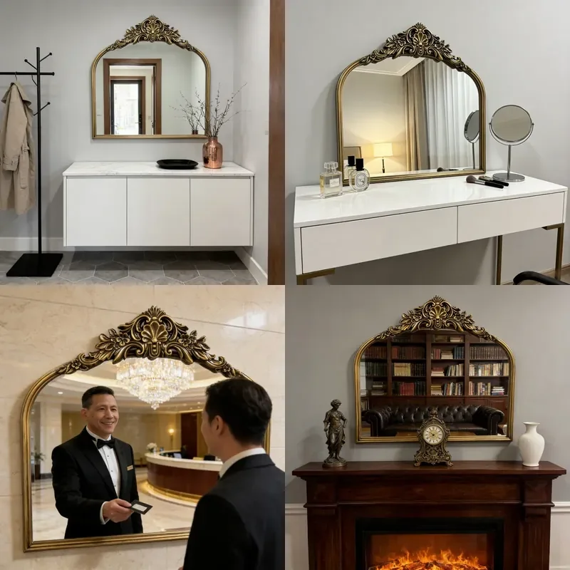 For Vintage Carved Wrought Iron Arched Mirror European Classical Aesthetic Wall Decor Home Living Room Bedroom Elegant Design