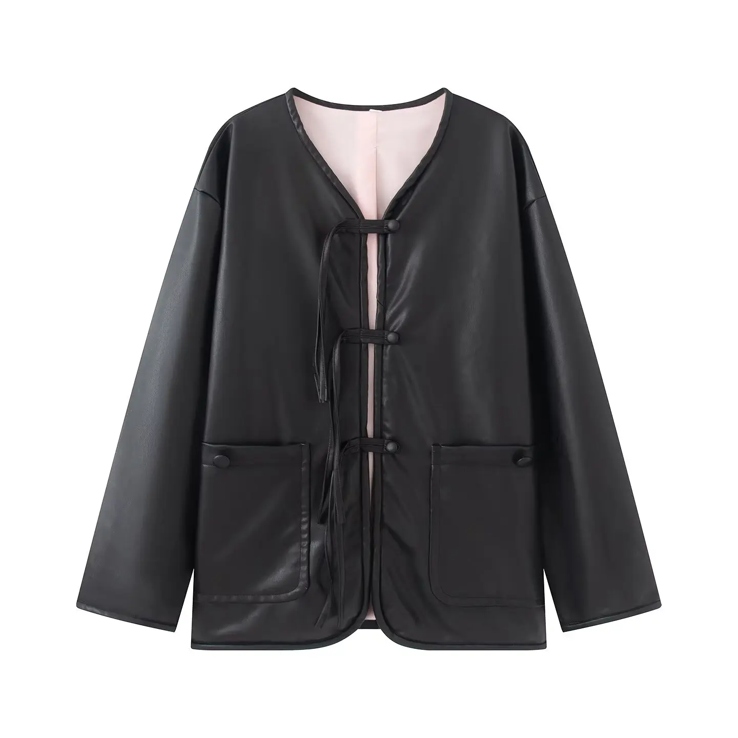 Autumn Winter Women Chinese Style Vintage Black PU Leather Jacket Front Pockets Long Sleeve Tassel Buttons Coat Loose Outerwear