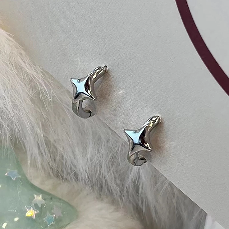 Fashion Asymmetric Four-pointed Star Hoop Earrings For Women Fairy Earring Simple Silver Color Aesthetic Jewelry Gifts image 2