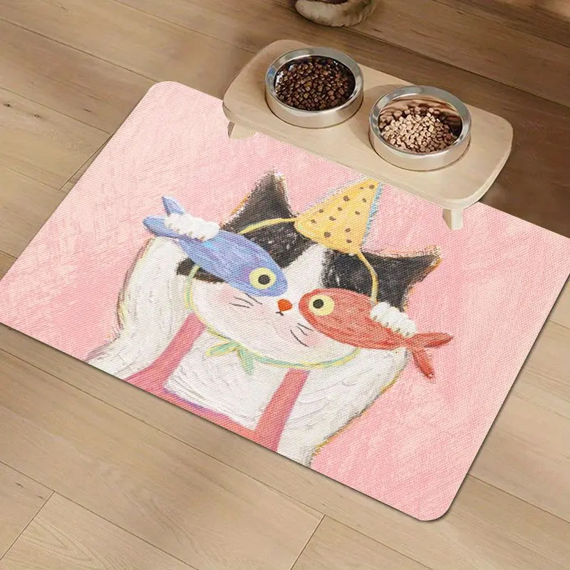 

VIKAMA Cartoon Cat Fish Diatom Mud Carpet Pet Food Pad Absorbs Water, Easy To Clean Bathroom Anti-Slip Floor Mat Home Decoration