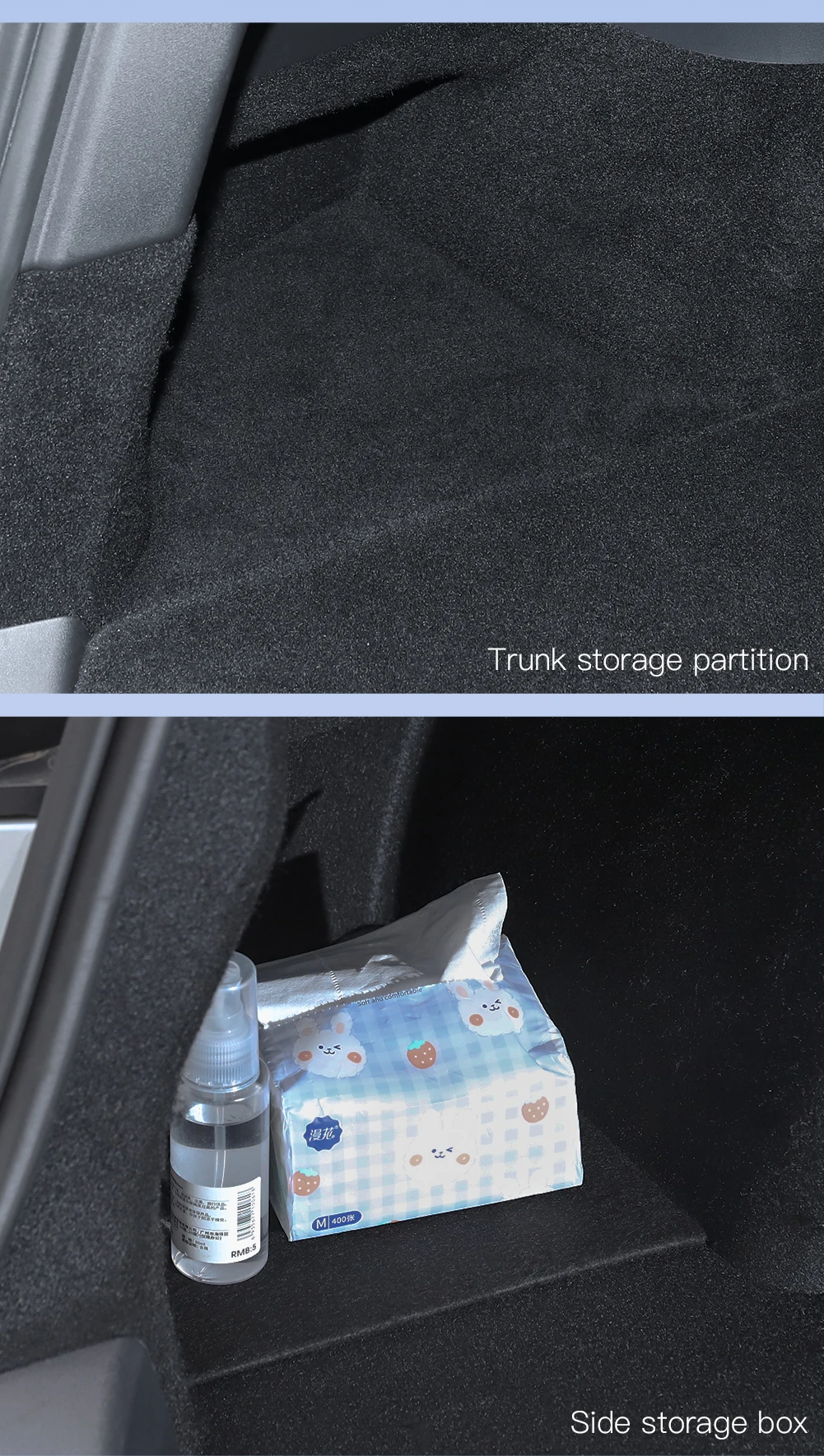 YZ Kofferraum-Seitenstauraumbox für Tesla Model Y Juniper 2025-2026 mit beflockter TPE-Abdeckung, Matte und Trennwand zur zusätzlichen Stauraumnutzung – Detail 28