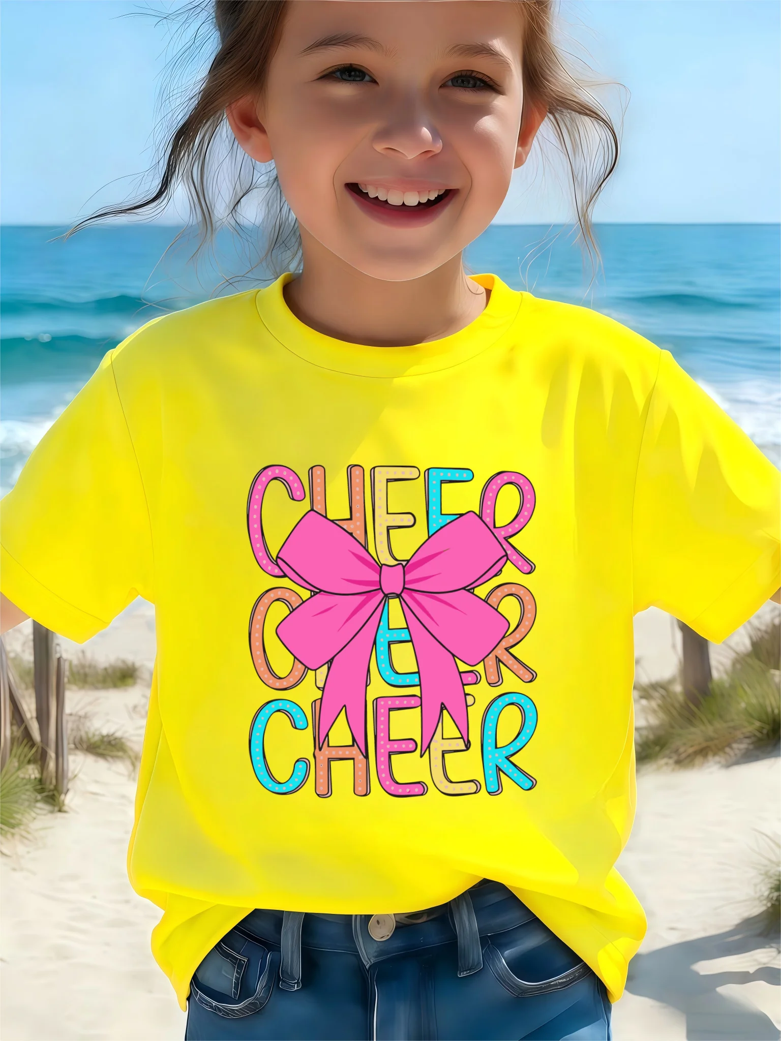 Cheer Bow Color Letter Print Boys Girls Family Matching Tee Soft Kids Parent Short Sleeve Daily Casual Comfort T Shirt Tops