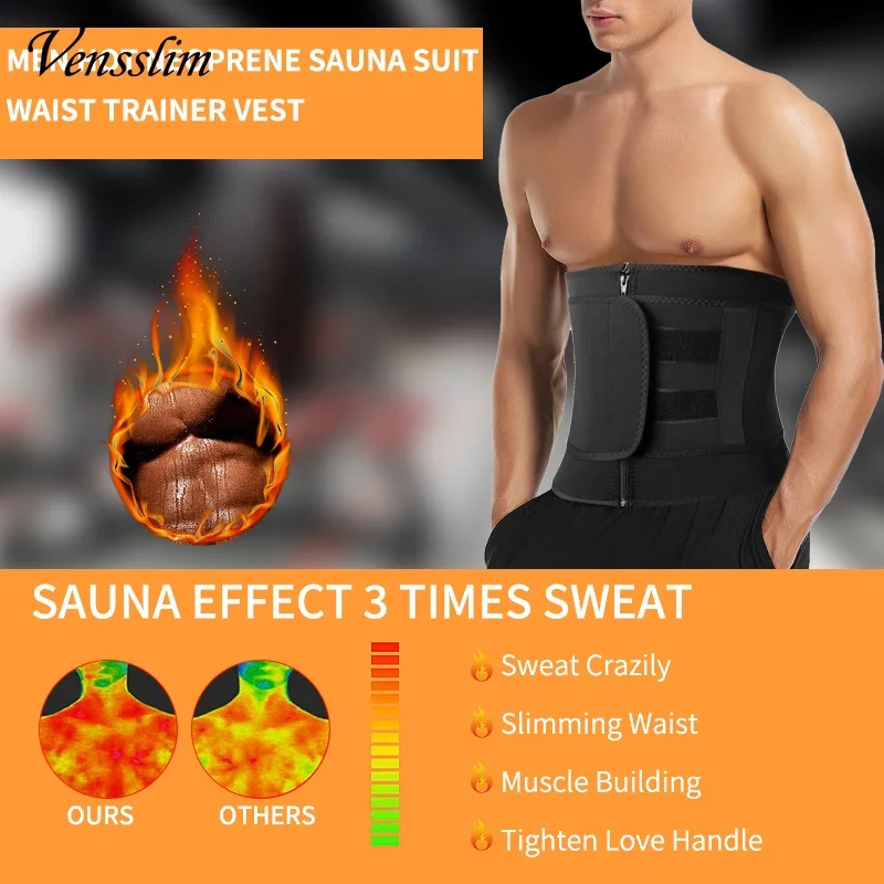 Vensslim Sauna Workout Waist Trainer Trimmer Men Weight Loss Neoprene Body Shaper Sweat Belly Belt with Adjustable Straps Corset