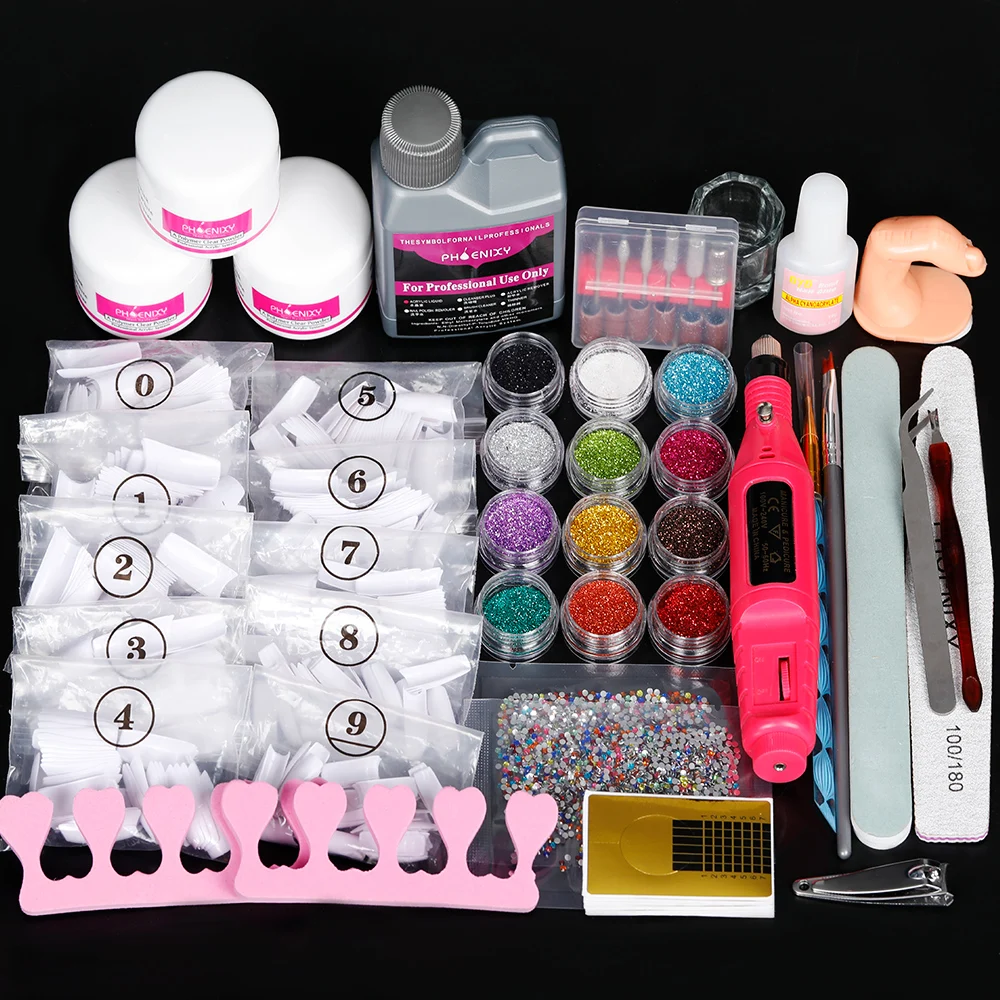 Phoenixy Acrylic Powder Nail Kit Quick Extension Kit Glitter Power Liquid Manicure Tools Set Nail Brush Tips Complete Nail Kit