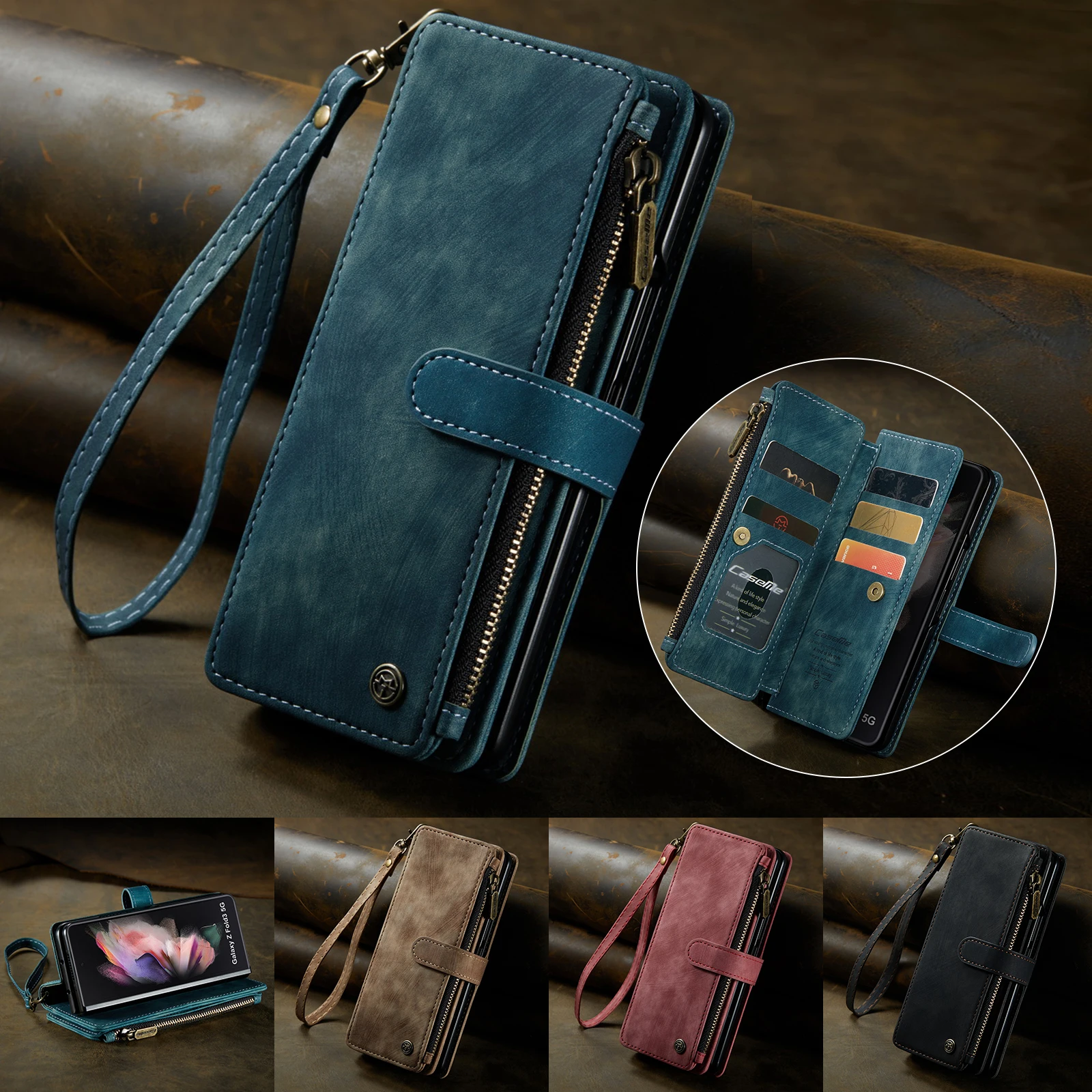 Wallet Case for Samsung Galaxy Z Fold 3 Vintage PU Leather Zipper Magnetic Closure Folio Wrist Strap Phone Cover Galaxy Z Fold3