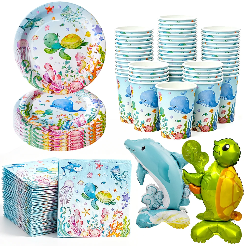 Meerestier Einweggeschirr Teller Tasse Serviette Schildkröte Wal Ballon Kinderbevorzugung Geburtstagsfeier Babyparty Dekoration Zubehör