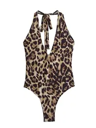 KAOPU ZA women's summer sexy animal print hanging neck bodysuit Women retro V-neck backless swimsuit slim-fit beach shorts