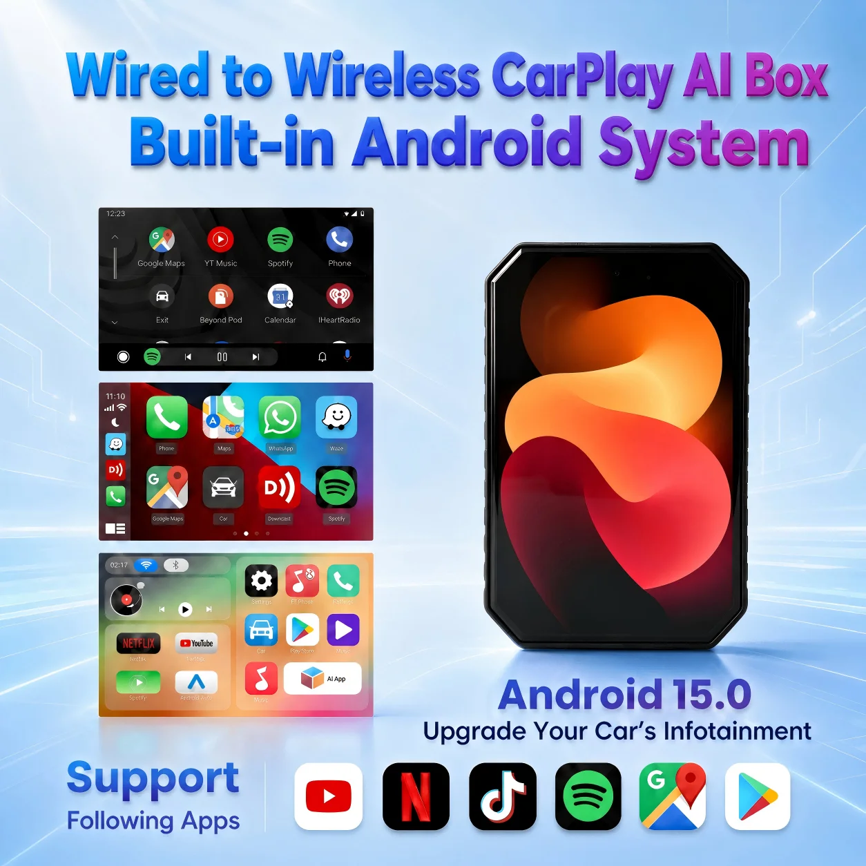 Boîte Android 15 Carplay AI sans fil, Carplay Android Auto, prise en charge du WiFi, Netflix, YouTube pour Nissan, Mazda, VW, MG, Toyota, Hyundai, Ford