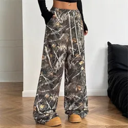 2025 Women's Fashion Casual Printed Slimming Wide Leg Pants Loose Drawstring Retro Printed Pocket Splicing Pants Ladies Trousers
