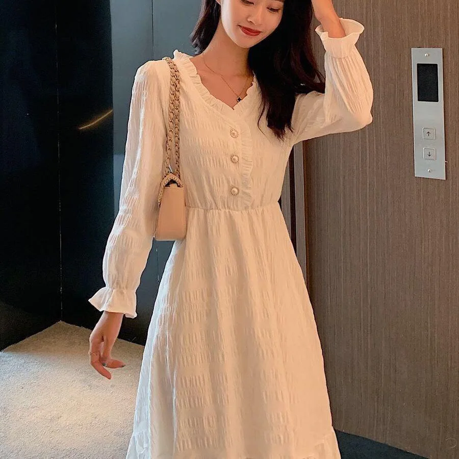 

Summer Long-Sleeved Waisted War Dress V-neck Vestidos 2024 Hepburn Style French Dress Women Waisted A-line Medium-Length Dresses