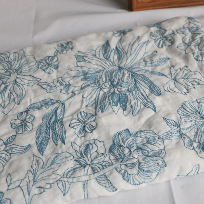 145cm Width Secret Garden Ancient Style White Background Blue Flower Lotus Cotton Embroidered Garment Fabric