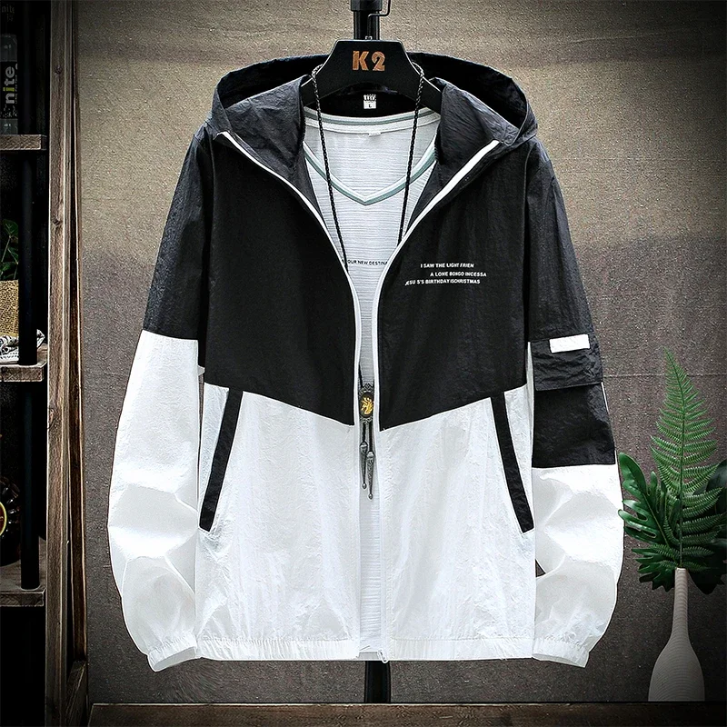 

2025 Summer Skin Coats Men Ultra Light UV Sun Protection Big Size Hooded Windbreaker Jacket Men Striped Casual Outwear